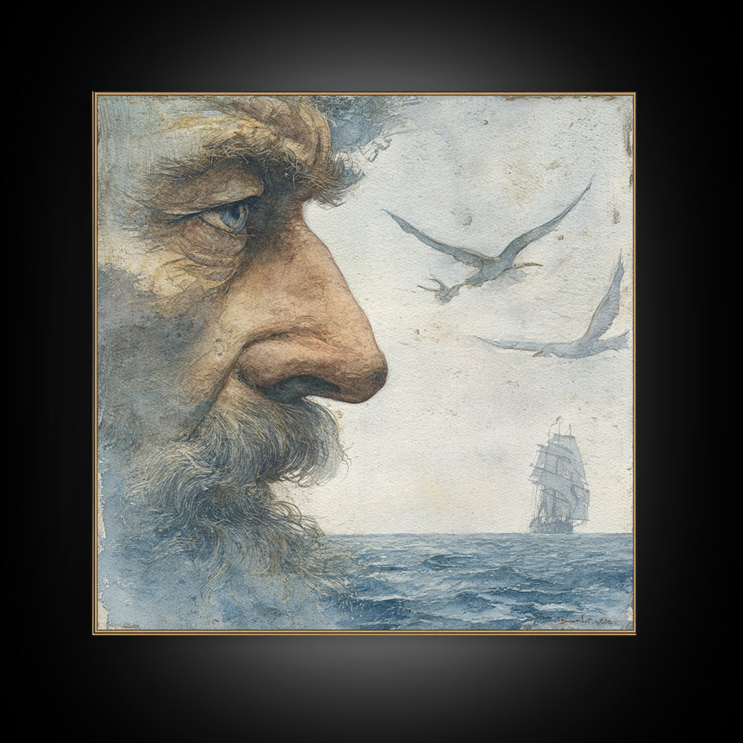 Sea Captain Portrait Framed Canvas Print, Nautical Art, Boho Decor, Coastal Decor, Fine Art, Harbor, Painting, Art Print, NAU-1x1-79