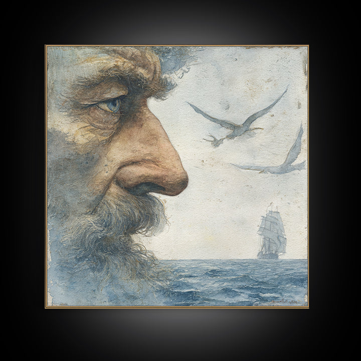 Sea Captain Portrait Framed Canvas Print, Nautical Art, Boho Decor, Coastal Decor, Fine Art, Harbor, Painting, Art Print, NAU-1x1-79