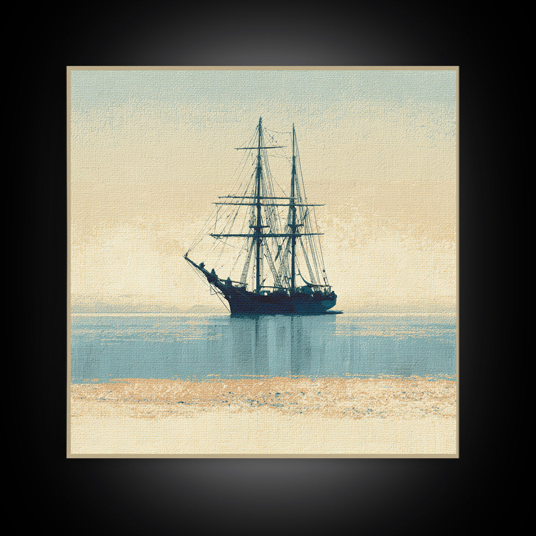 Tall Ship Silhouette at Sunset Framed Canvas Print, Nautical Art, Printable, Coastal Decor, Fine Art, Harbor, Beach Decor, NAU-1x1-8