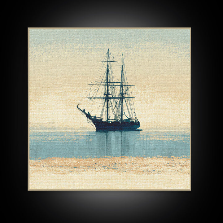 Tall Ship Silhouette at Sunset Framed Canvas Print, Nautical Art, Printable, Coastal Decor, Fine Art, Harbor, Beach Decor, NAU-1x1-8