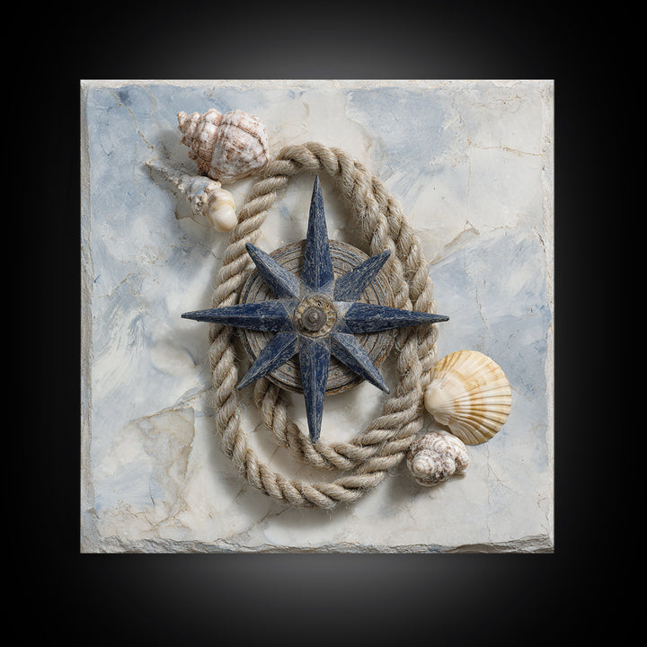 Antique Compass with Rope and Shells Canvas Print, Nautical Art, Textured Painting, Coastal Decor, Fine Art, Harbor, NAU-1x1-98