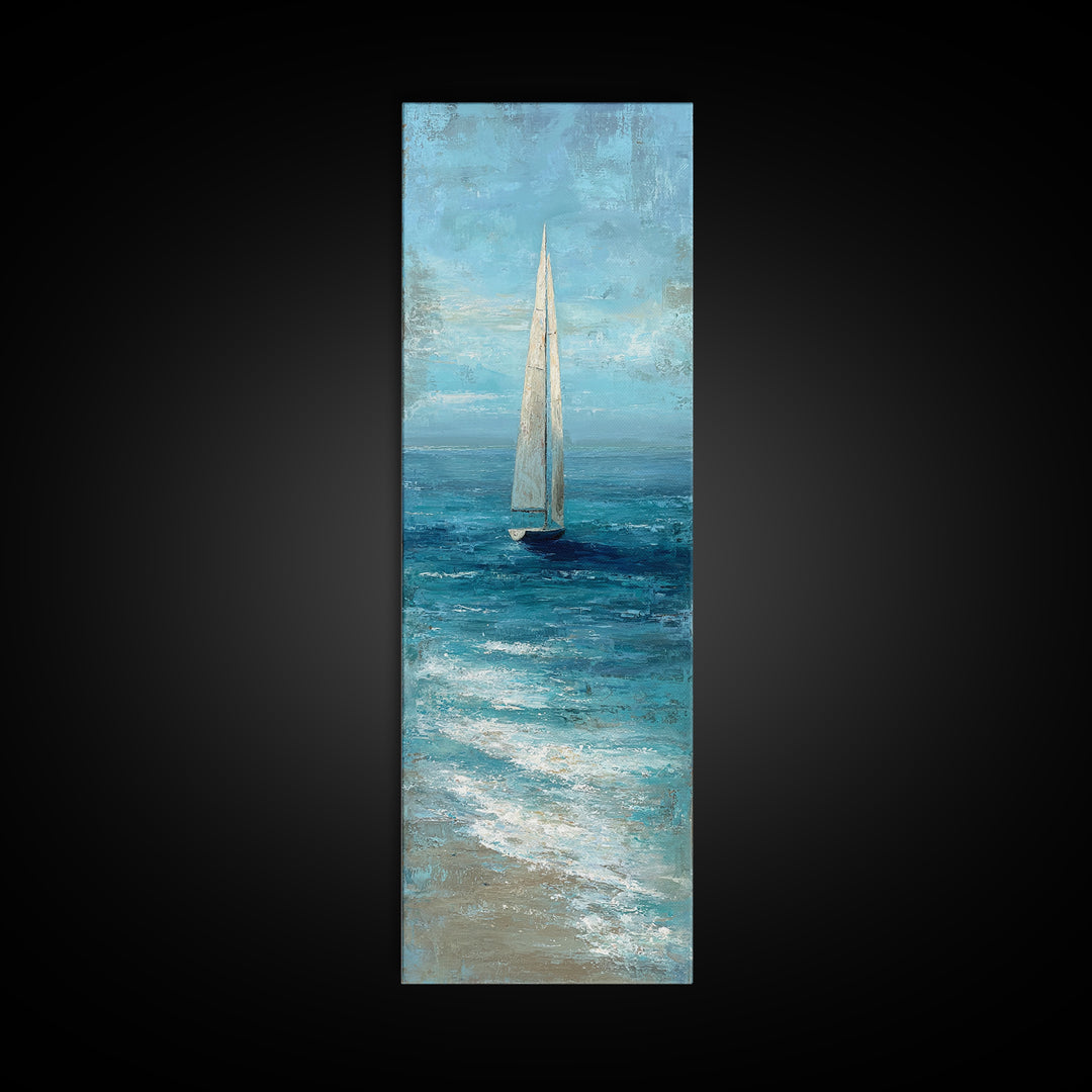 Sailboat Leaning into Wind on Blue Water Canvas Print, Nautical Art, Minimalist Decor, Coastal Decor, Fine Art, Harbor, NAU-1x3-13