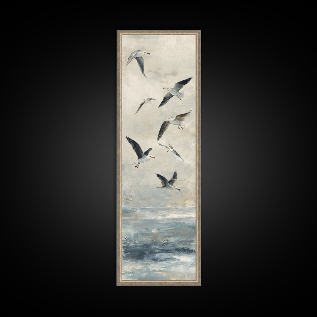 Coastal Gulls Flying Framed Canvas Print, Nautical Art, Textured Painting, Coastal Decor, Fine Art, Harbor, Printable Wall Art, NAU-1x3-29