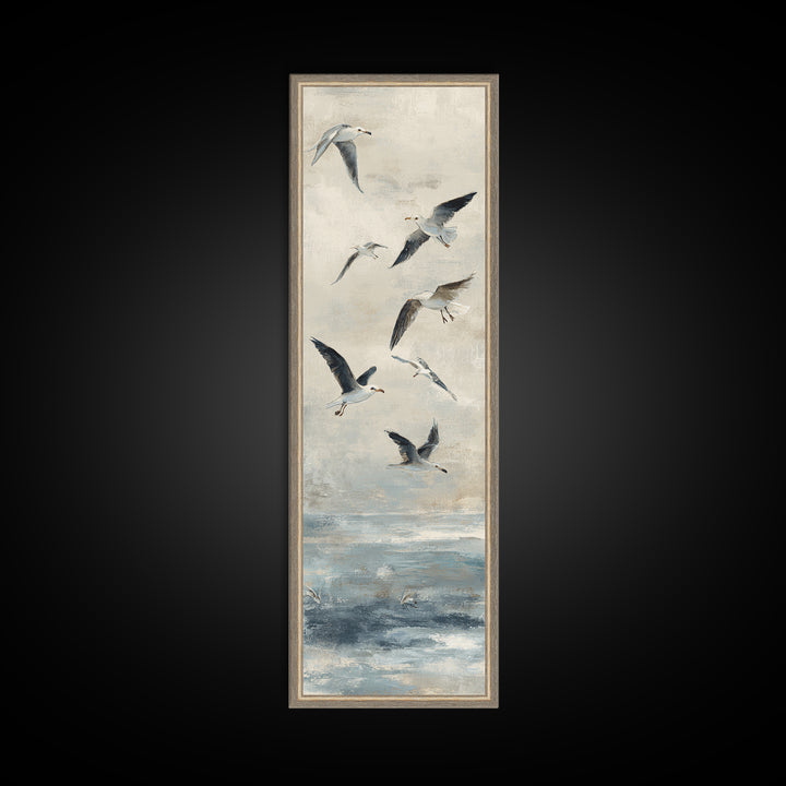 Coastal Gulls Flying Framed Canvas Print, Nautical Art, Textured Painting, Coastal Decor, Fine Art, Harbor, Printable Wall Art, NAU-1x3-29