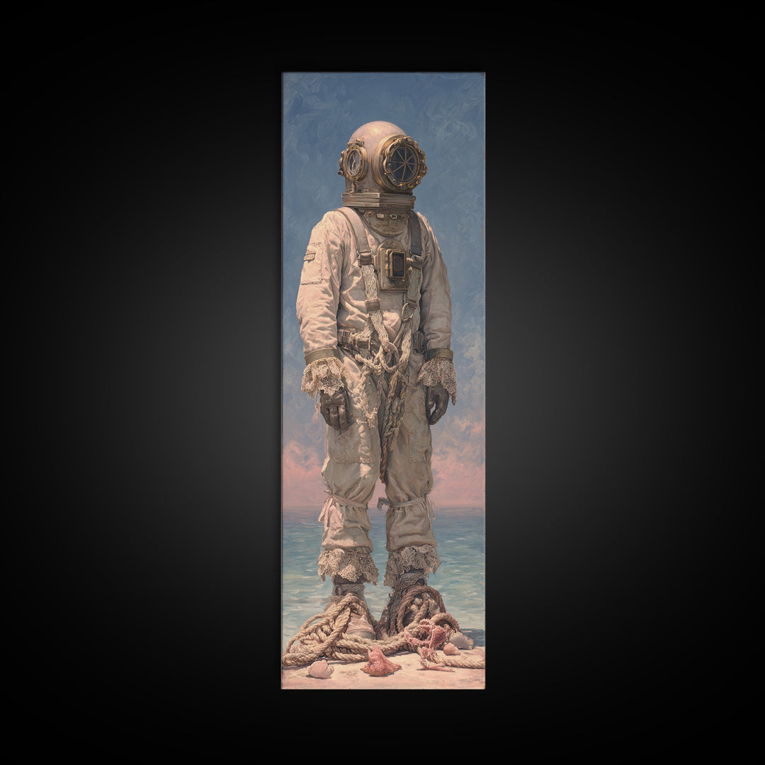 Deep Sea Diver Helmet Still Life Framed Canvas Print, Nautical Art, Ocean Art, Coastal Decor, Oil Painting, Harbor, NAU-1x3-30