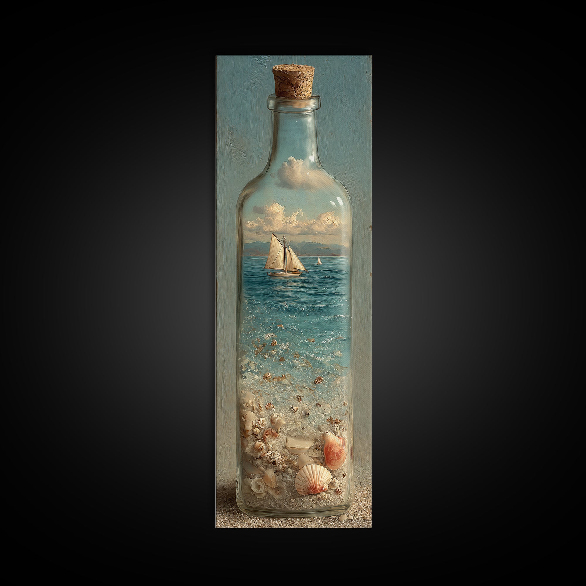 Bottle with Tiny Ship and Ocean Inside Framed Canvas Print, Nautical Art, Oil Painting, Coastal Decor, Fine Art, Harbor, NAU-1x3-52