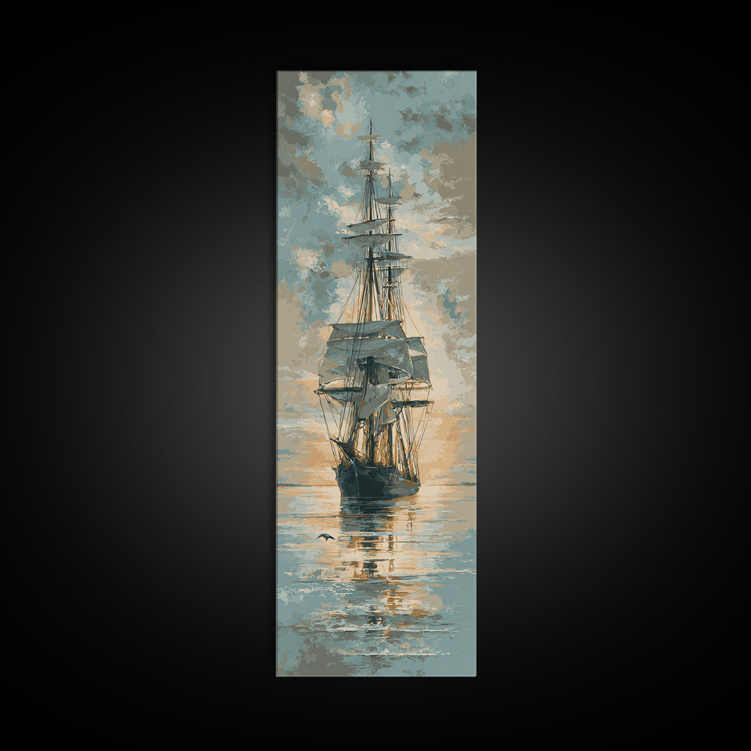 Tall Ship Silhouette at Sunset Canvas Print, Nautical Art, Coastal Wall Art, Coastal Decor, Fine Art, Harbor, Neutral Decor, NAU-1x3-68