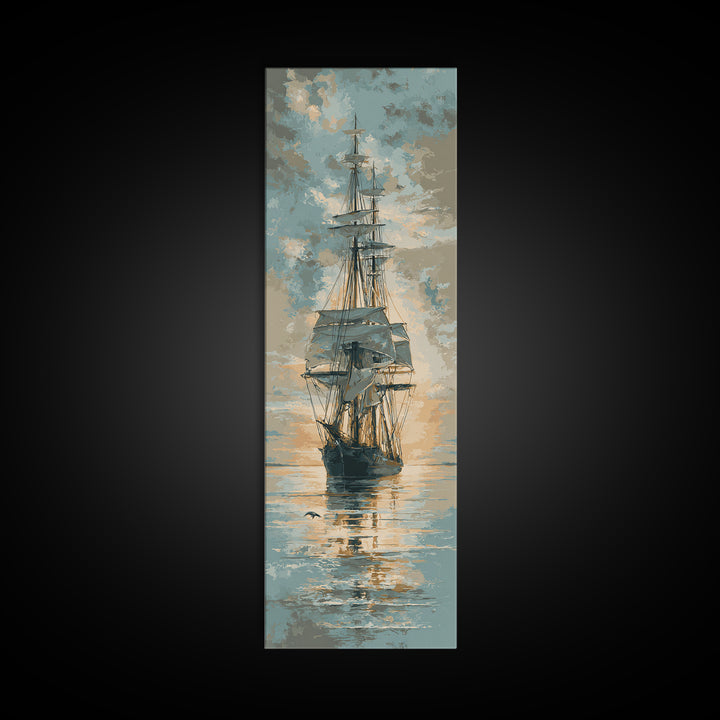 Tall Ship Silhouette at Sunset Canvas Print, Nautical Art, Coastal Wall Art, Coastal Decor, Fine Art, Harbor, Neutral Decor, NAU-1x3-68