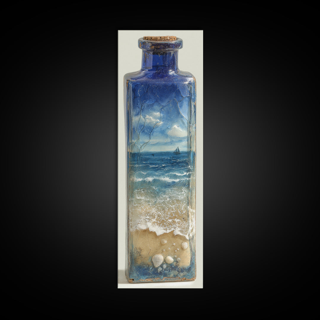 Bottle with Tiny Ship and Ocean Inside Framed Canvas Print, Nautical Art, Coastal Decor, Fine Art, Harbor, Fine Art Print, NAU-1x3-76