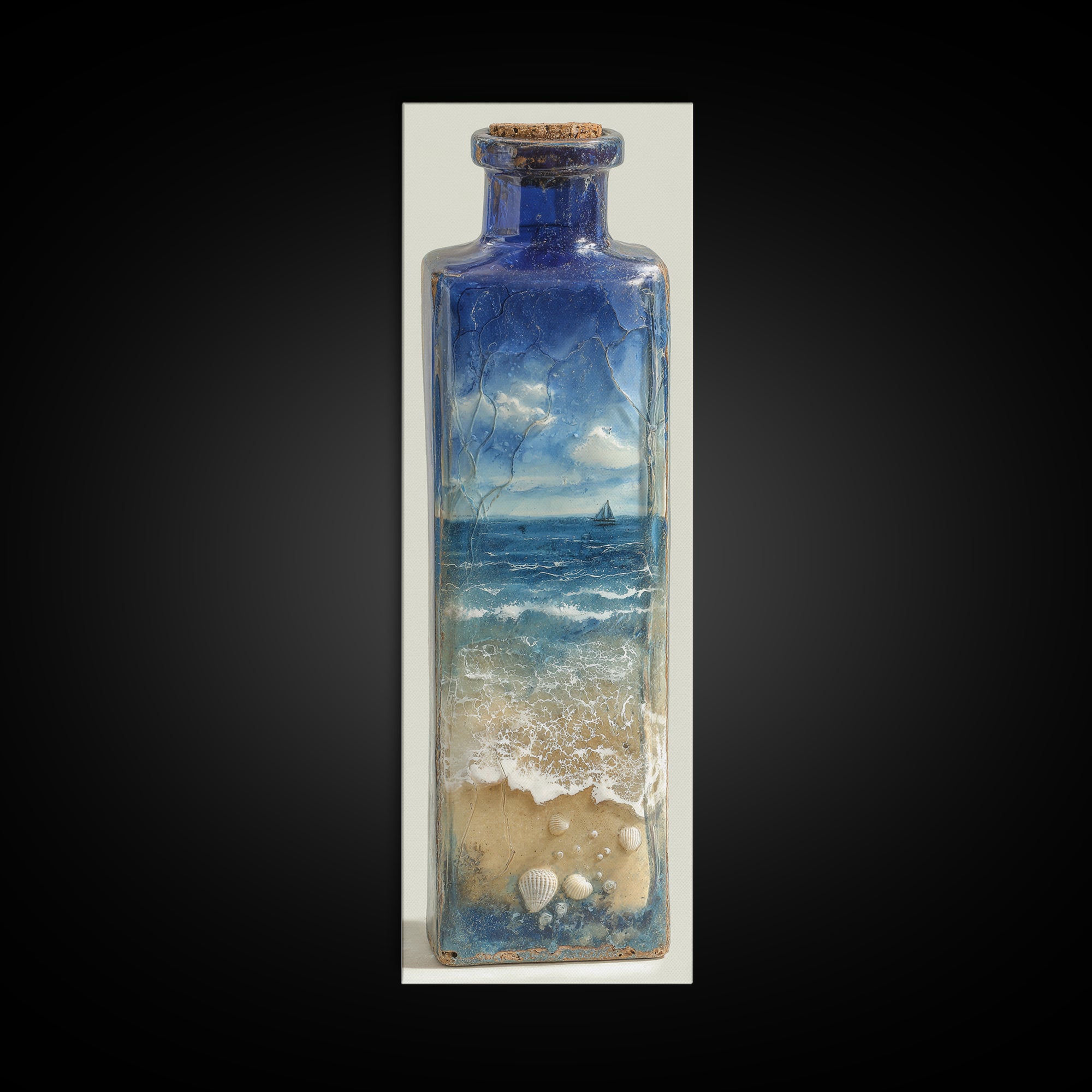 Bottle with Tiny Ship and Ocean Inside Framed Canvas Print, Nautical Art, Coastal Decor, Fine Art, Harbor, Fine Art Print, NAU-1x3-76