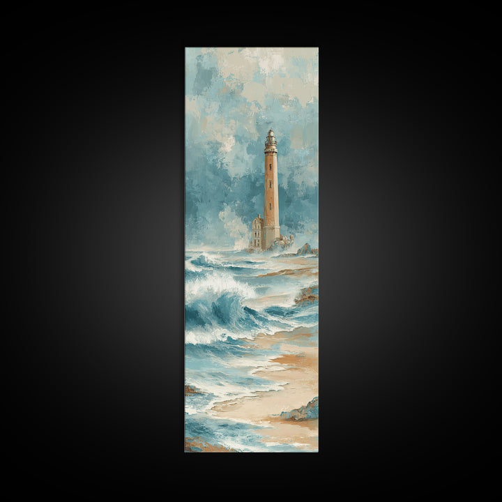 Lighthouse Standing Against Stormy Waves Framed Canvas Print, Nautical Art, Statement Artwork, Coastal Decor, Fine Art, Harbor, NAU-1x3-87