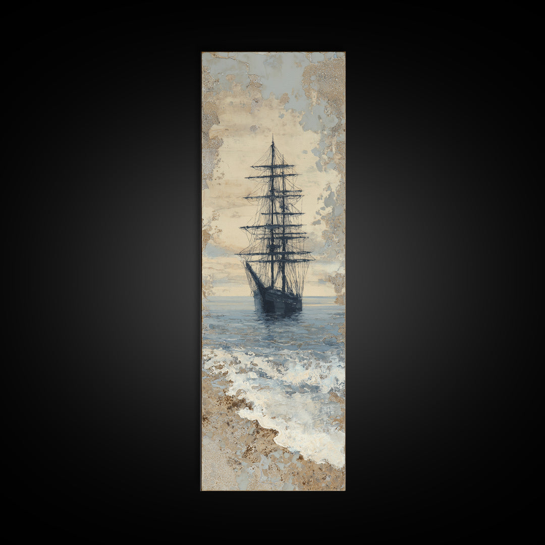 Tall Ship Silhouette at Sunset Framed Canvas Print, Nautical Art, Beach Print, Coastal Decor, Fine Art, Harbor, Luxury Decor, NAU-1x3-92