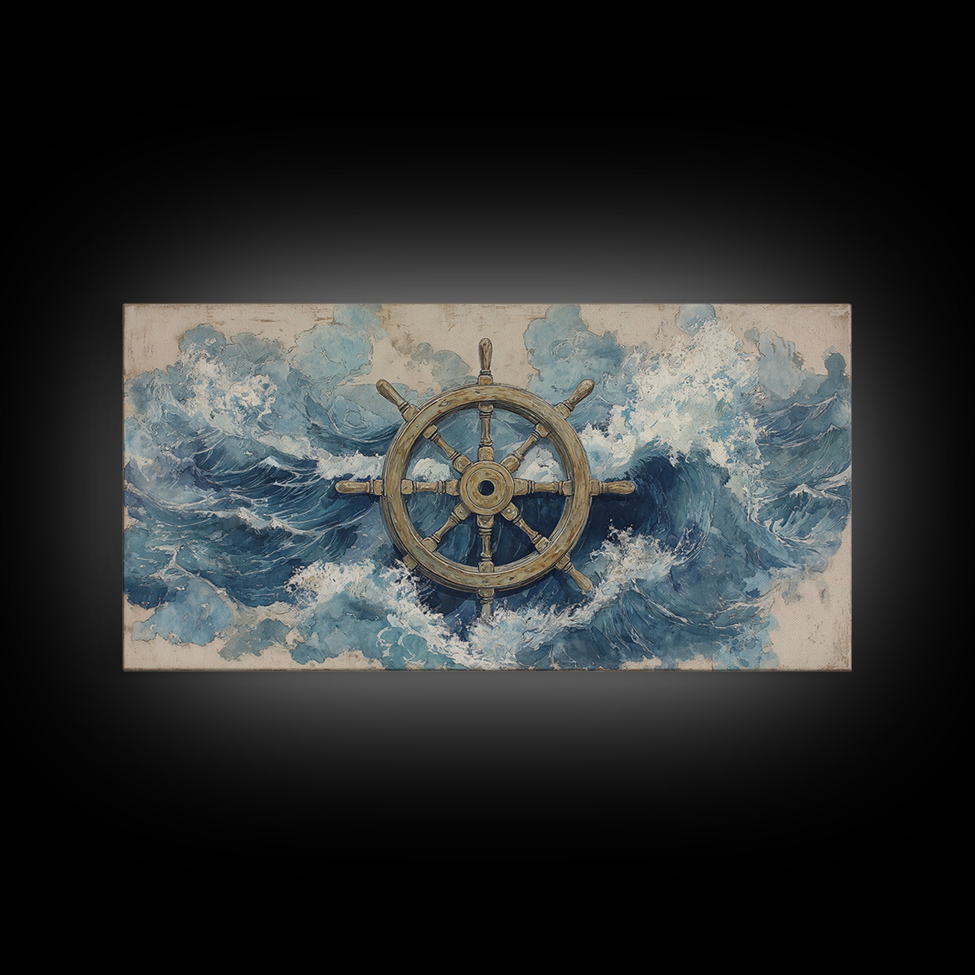 Ship Wheel with Sea Spray Background Framed Canvas Print, Nautical Art, Wall Art, Coastal Decor, Oil Painting, Harbor, NAU-2x1-35