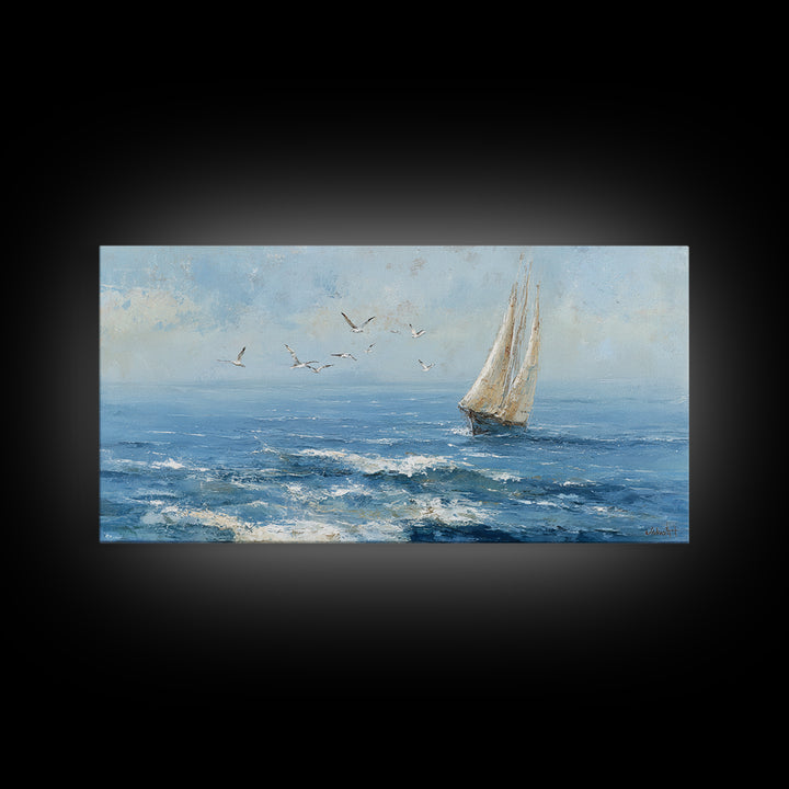 Sailboat Leaning into Wind on Blue Water Framed Canvas Print, Nautical Art, Digital Print, Coastal Decor, Fine Art, Harbor, NAU-2x1-45