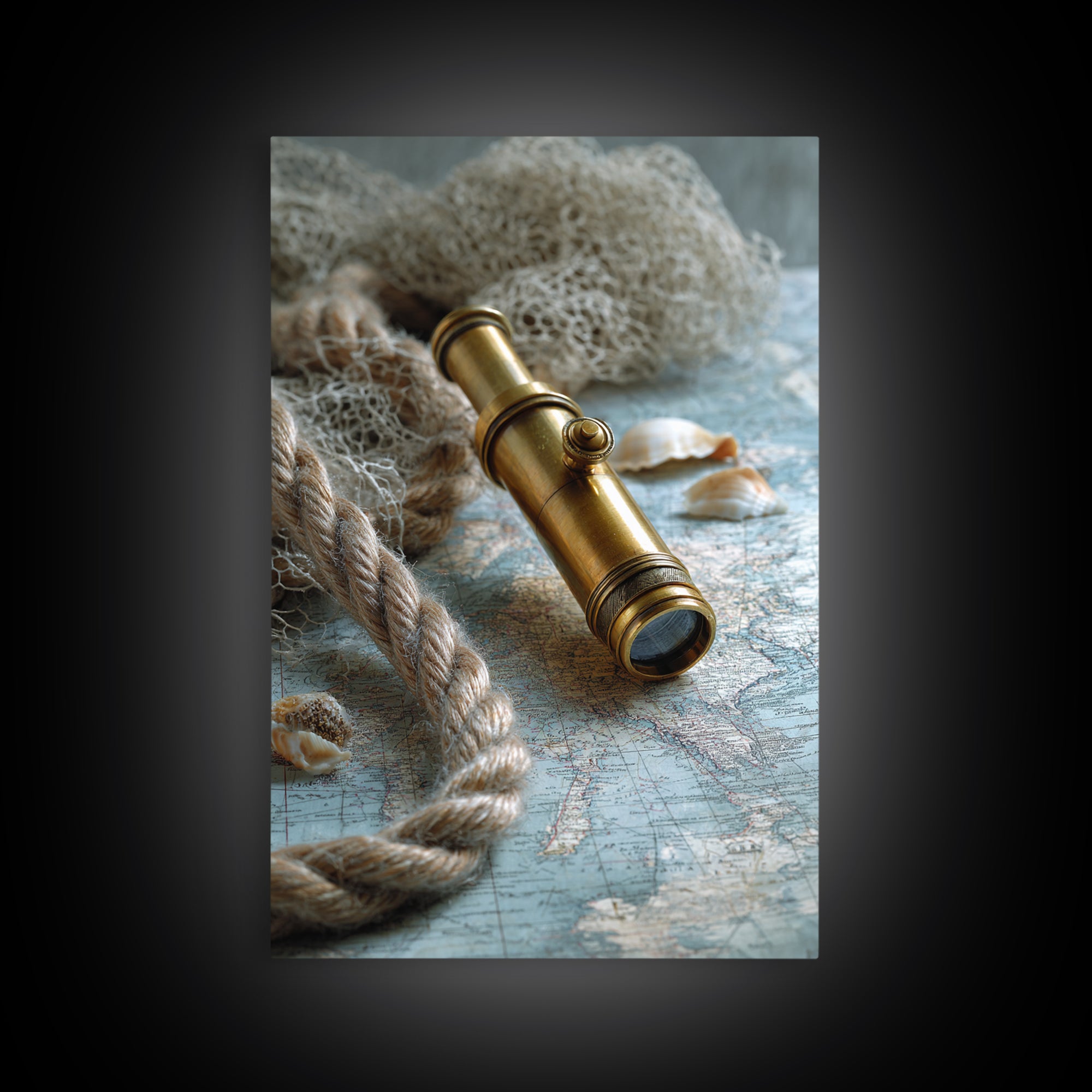 Brass Telescope and Old Map Still Life Canvas Print, Nautical Art, Wall Art, Coastal Decor, Oil Painting, Harbor, Digital Print, NAU-2x3-14