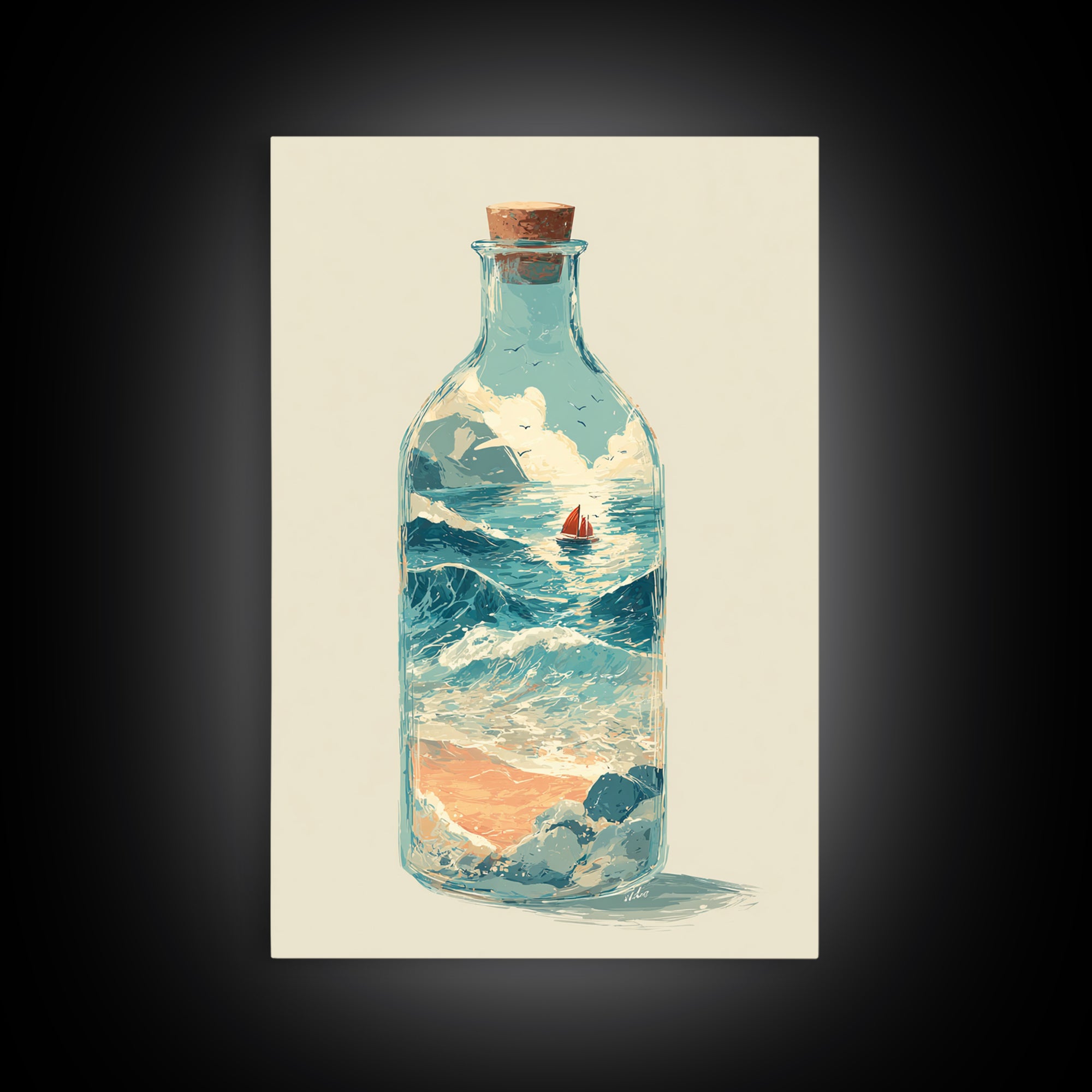 Bottle with Tiny Ship and Ocean Inside Framed Canvas Print, Nautical Art, Modern Decor, Coastal Decor, Fine Art, Harbor, NAU-2x3-24
