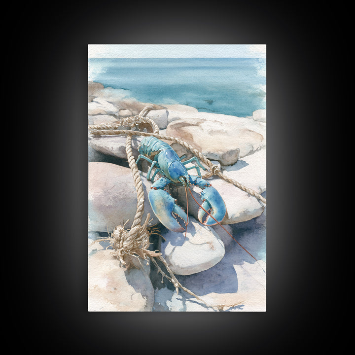 Lobster and Rope Coastal Illustration Framed Canvas Print, Nautical Art, Beach Decor, Coastal Decor, Fine Art, Harbor, NAU-2x3-28