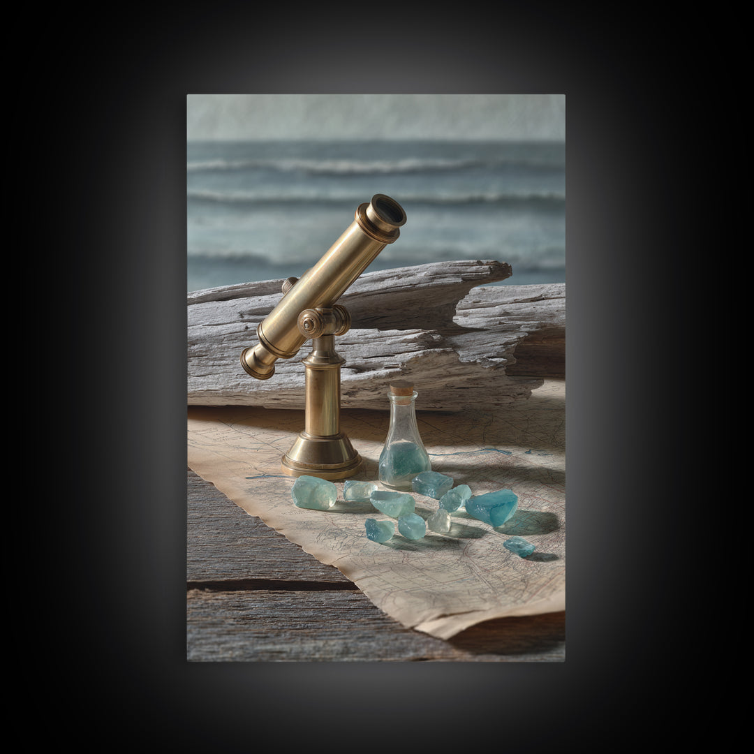 Brass Telescope and Old Map Still Life Framed Canvas Print, Nautical Art, Art Print, Coastal Decor, Fine Art, Harbor, NAU-2x3-38