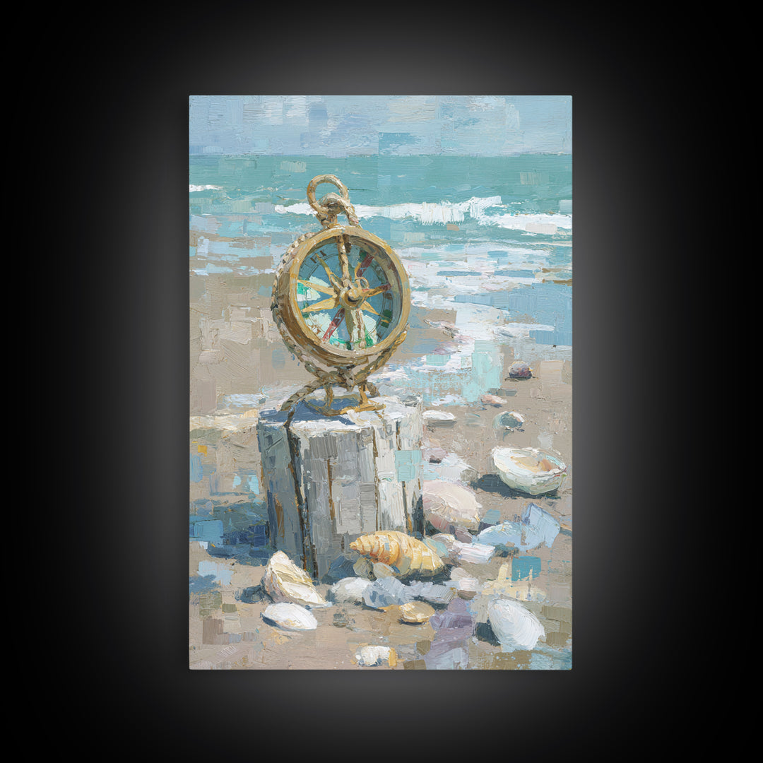 Antique Compass with Rope and Shells Canvas Print, Nautical Art, Antique Decor, Coastal Decor, Harbor, Downloadable Prints, NAU-2x3-82