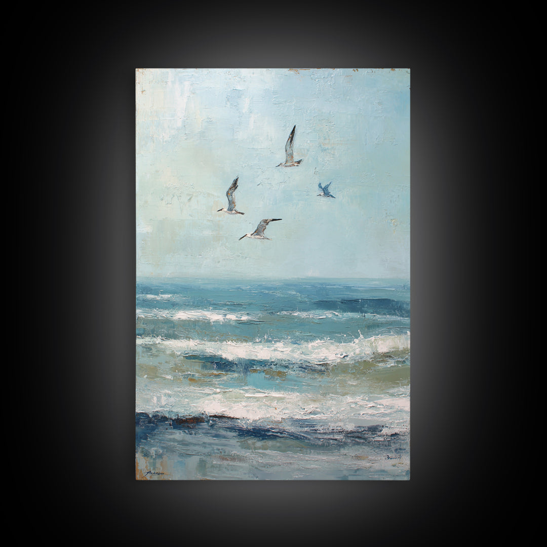 Coastal Gulls Flying Framed Canvas Print, Nautical Art, Coastal Wall Art, Coastal Decor, Fine Art, Harbor, Neutral Decor, NAU-2x3-97