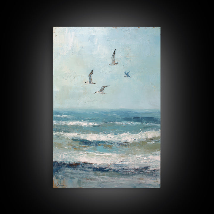 Coastal Gulls Flying Framed Canvas Print, Nautical Art, Coastal Wall Art, Coastal Decor, Fine Art, Harbor, Neutral Decor, NAU-2x3-97