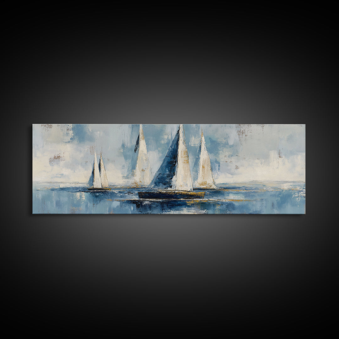 Sailboat Leaning into Wind on Blue Water Framed Canvas Print, Nautical Art, Coastal Art, Coastal Decor, Fine Art, Harbor, NAU-3x1-17