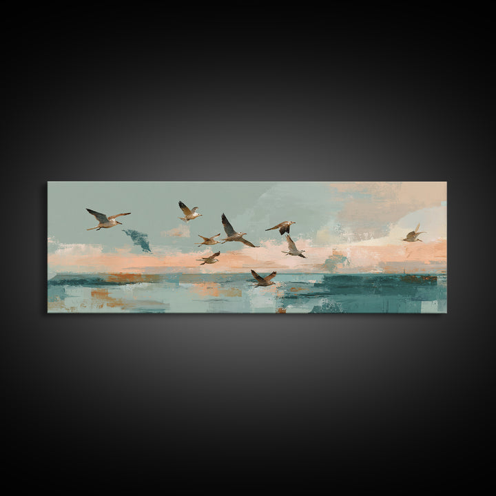 Coastal Gulls Flying Canvas Print, Nautical Art, Beach Decor, Coastal Decor, Fine Art, Harbor, Statement Artwork, Boho Decor, NAU-3x1-33