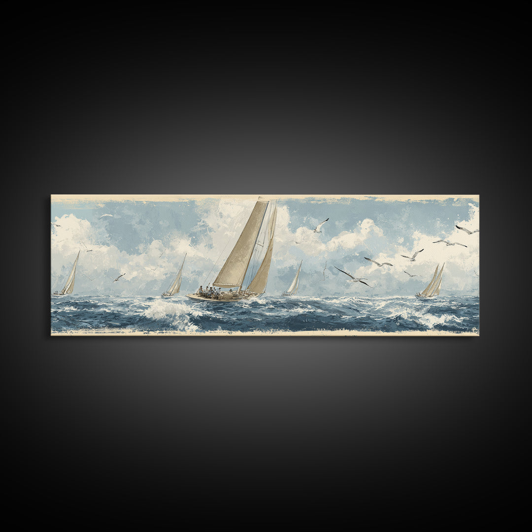 Classic Yacht Racing Through Whitecaps Canvas Print, Nautical Art, Minimalist Decor, Coastal Decor, Fine Art, Harbor, NAU-3x1-35
