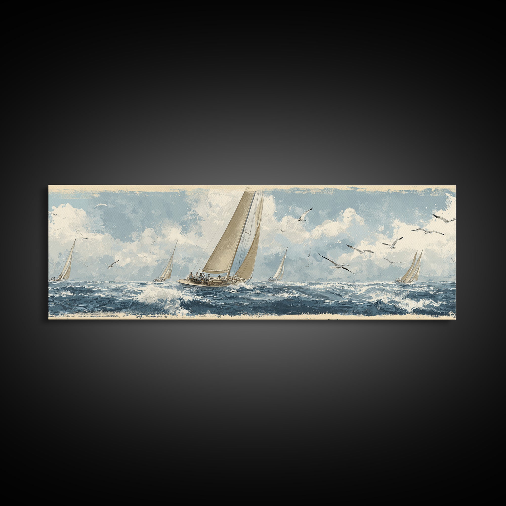 Classic Yacht Racing Through Whitecaps Canvas Print, Nautical Art, Minimalist Decor, Coastal Decor, Fine Art, Harbor, NAU-3x1-35