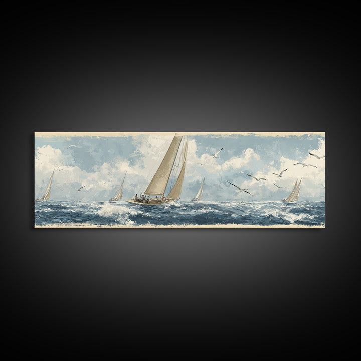 Classic Yacht Racing Through Whitecaps Canvas Print, Nautical Art, Minimalist Decor, Coastal Decor, Fine Art, Harbor, NAU-3x1-35