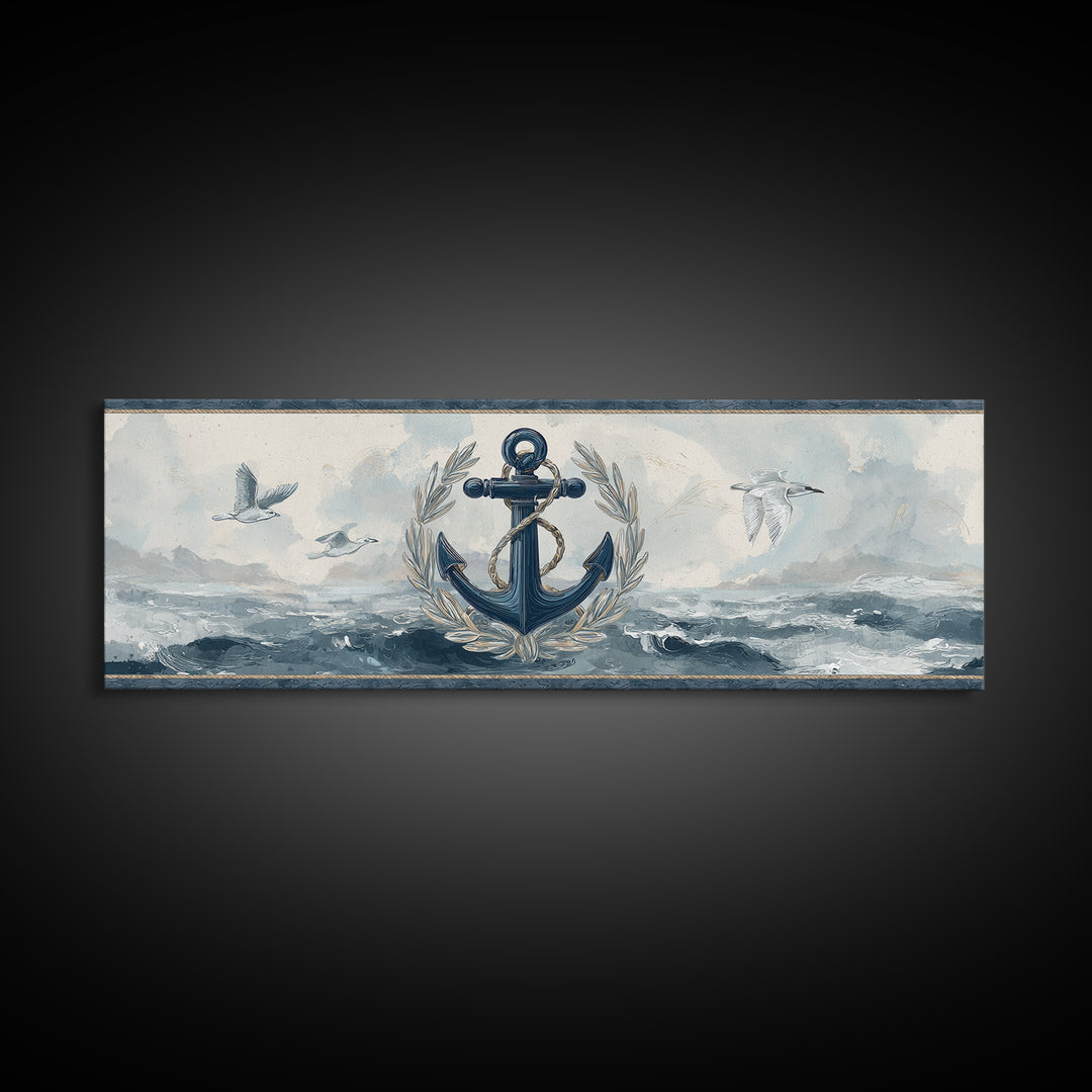 Anchor and Laurel Nautical Crest Without Text Canvas Print, Nautical Art, Beach Print, Coastal Decor, Fine Art, Harbor, NAU-3x1-45