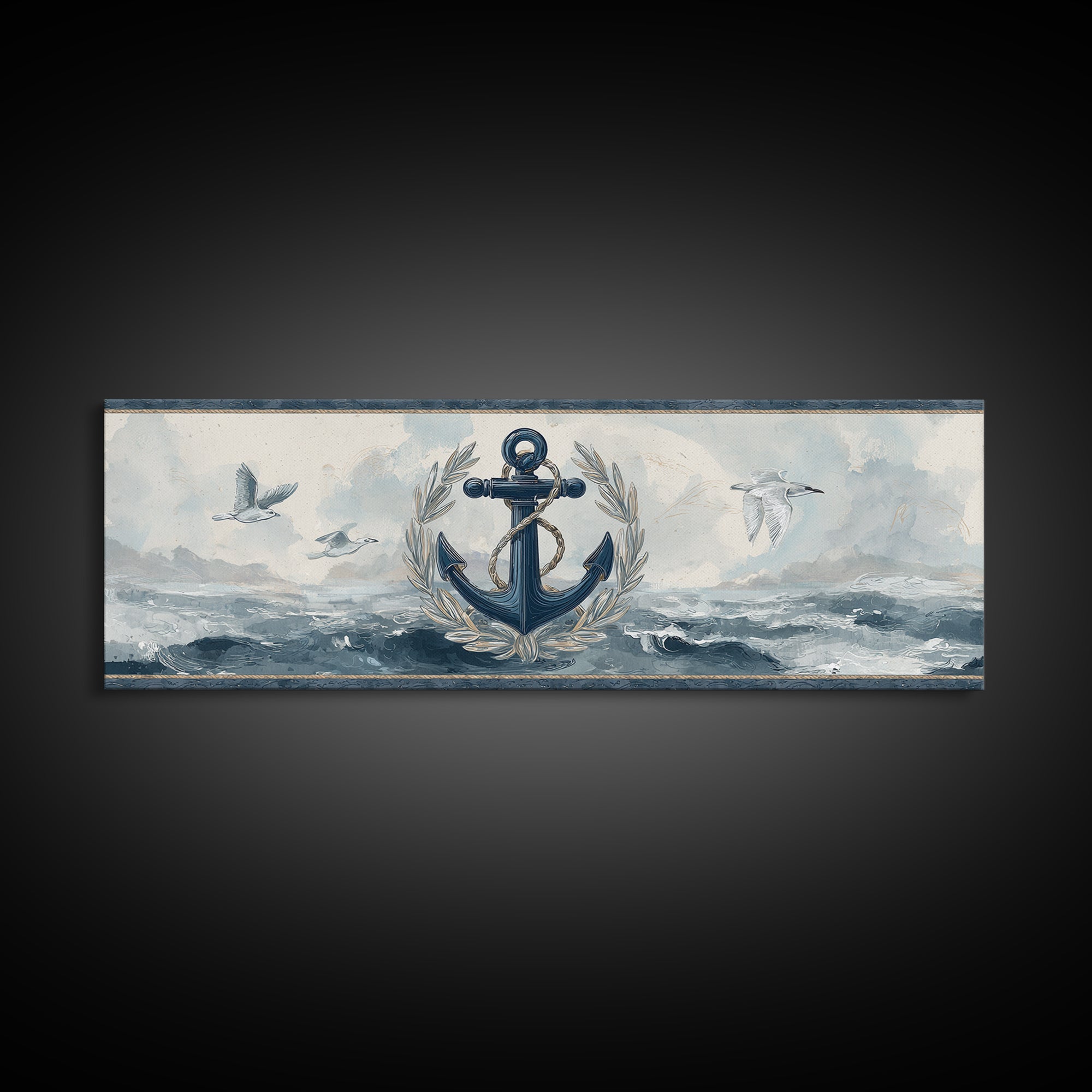 Anchor and Laurel Nautical Crest Without Text Canvas Print, Nautical Art, Beach Print, Coastal Decor, Fine Art, Harbor, NAU-3x1-45