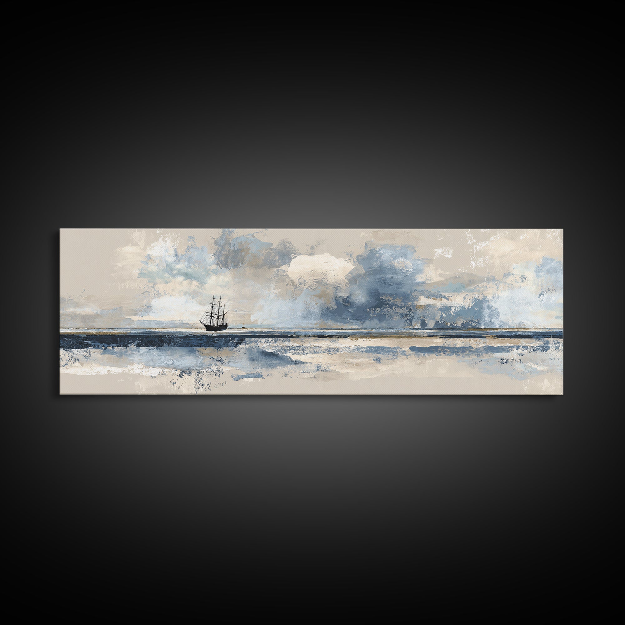 Tall Ship Silhouette at Sunset Canvas Print, Nautical Art, Textured Painting, Coastal Decor, Fine Art, Harbor, NAU-3x1-48