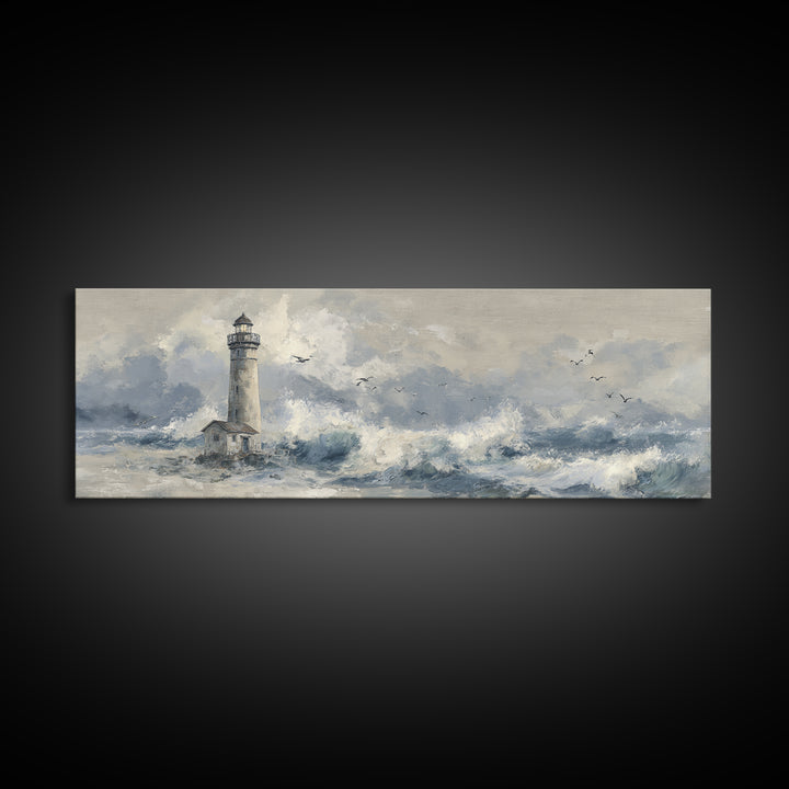 Lighthouse Standing Against Stormy Waves Framed Canvas Print, Nautical Art, Large Wall Art, Coastal Decor, Abstract Art, Harbor, NAU-3x1-67