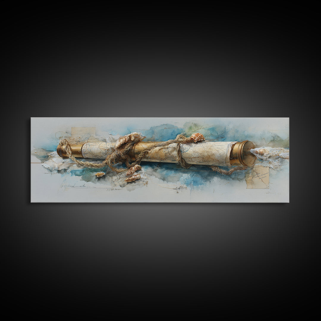 Brass Telescope and Old Map Still Life Canvas Print, Nautical Art, Wall Art, Coastal Decor, Oil Painting, Harbor, Digital Print, NAU-3x1-70