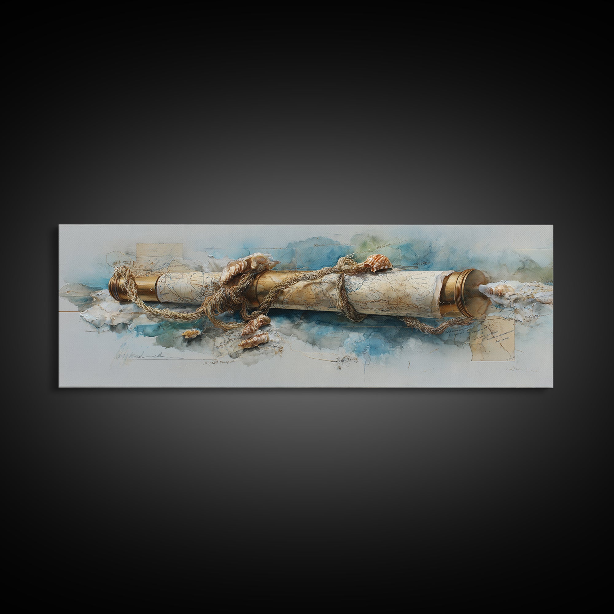 Brass Telescope and Old Map Still Life Canvas Print, Nautical Art, Wall Art, Coastal Decor, Oil Painting, Harbor, Digital Print, NAU-3x1-70