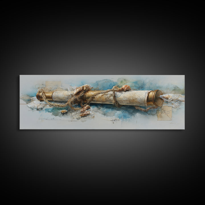 Brass Telescope and Old Map Still Life Canvas Print, Nautical Art, Wall Art, Coastal Decor, Oil Painting, Harbor, Digital Print, NAU-3x1-70
