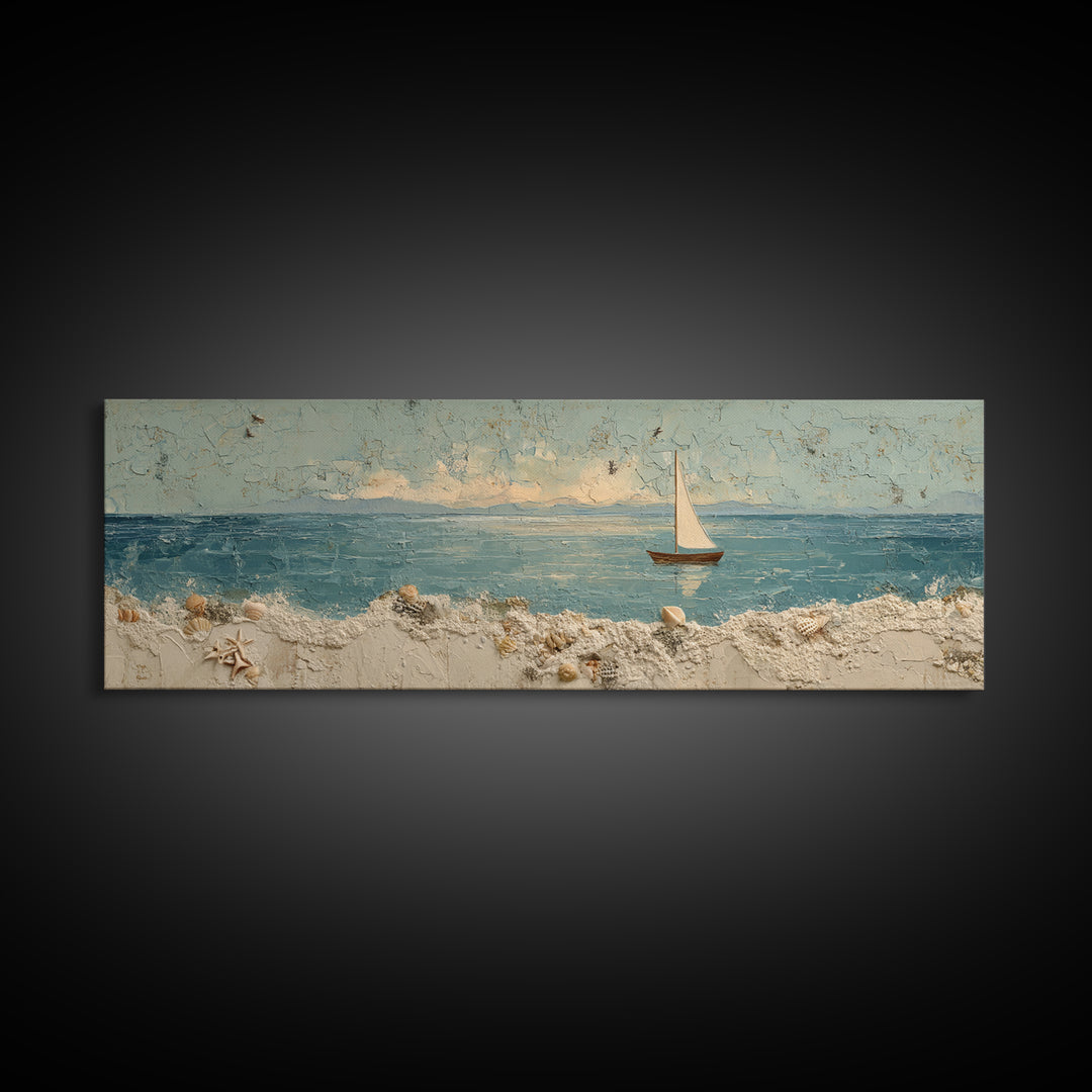 Whale Tail Beside Small Sailboat Framed Canvas Print, Nautical Art, Coastal Decor, Oil Painting, Harbor, Fine Art Print, NAU-3x1-74