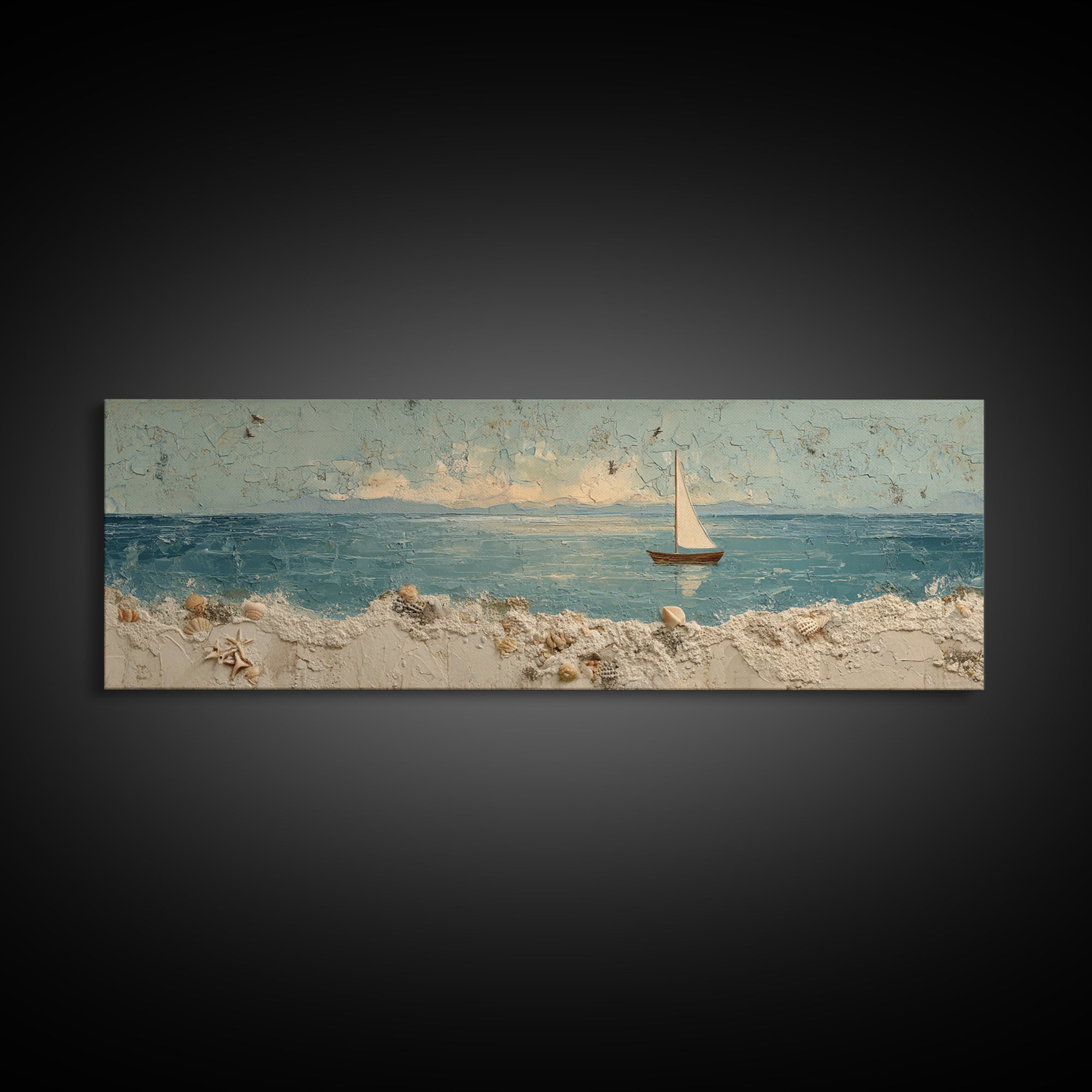Whale Tail Beside Small Sailboat Framed Canvas Print, Nautical Art, Coastal Decor, Oil Painting, Harbor, Fine Art Print, NAU-3x1-74