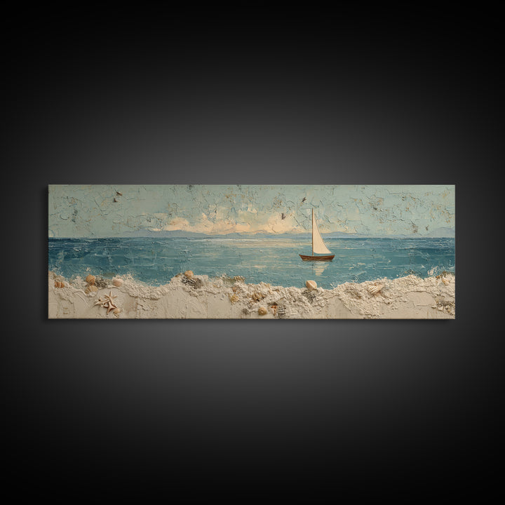 Whale Tail Beside Small Sailboat Framed Canvas Print, Nautical Art, Coastal Decor, Oil Painting, Harbor, Fine Art Print, NAU-3x1-74