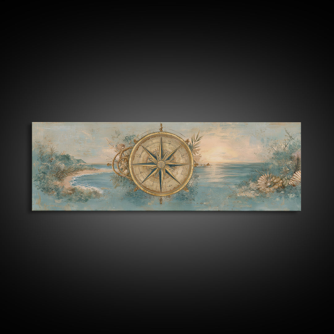 Antique Compass with Rope and Shells Framed Canvas Print, Nautical Art, Beach Print, Coastal Decor, Fine Art, Harbor, NAU-3x1-90