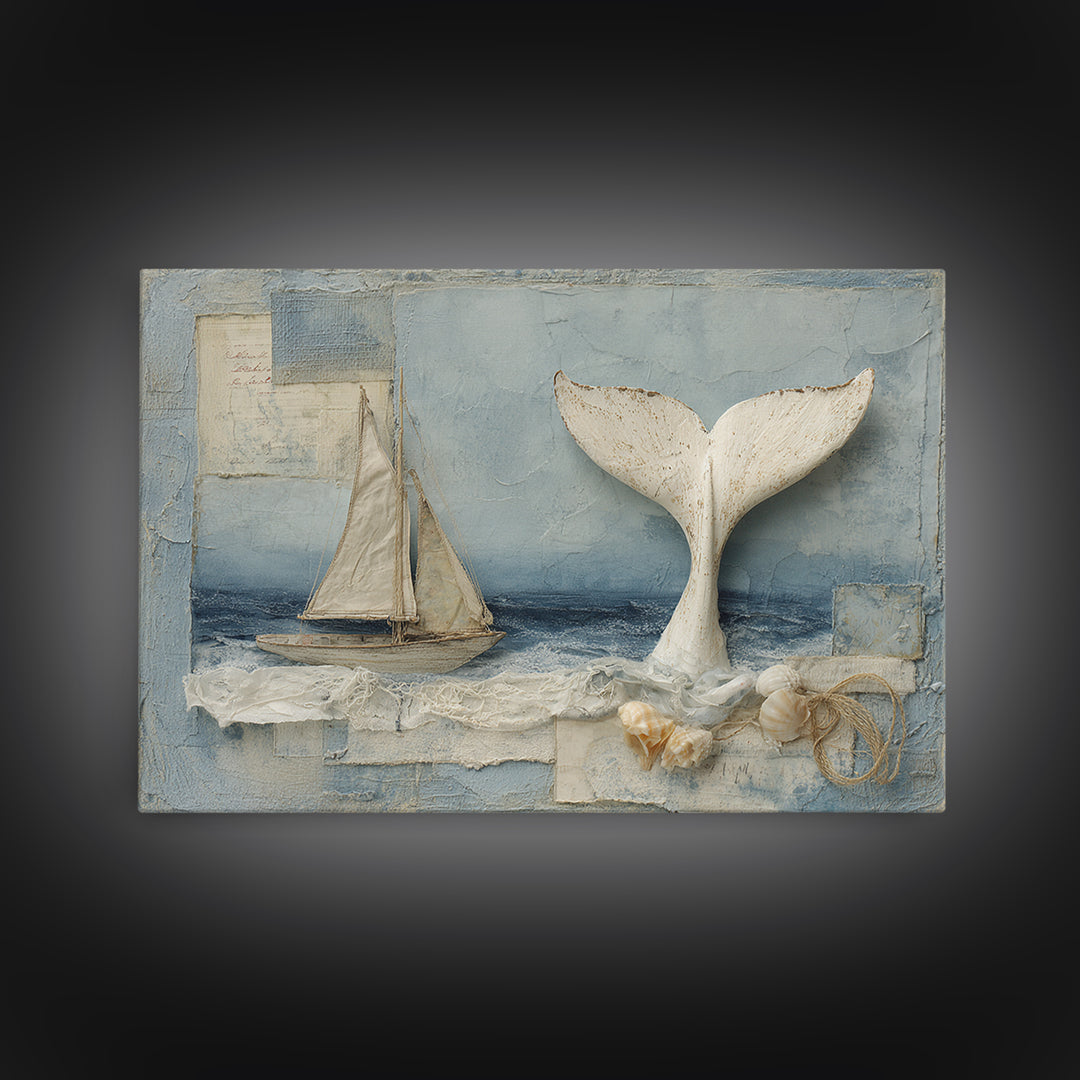 Whale Tail Beside Small Sailboat Framed Canvas Print, Nautical Art, Digital Print, Coastal Decor, Fine Art, Harbor, Beach Print, NAU-3x2-14