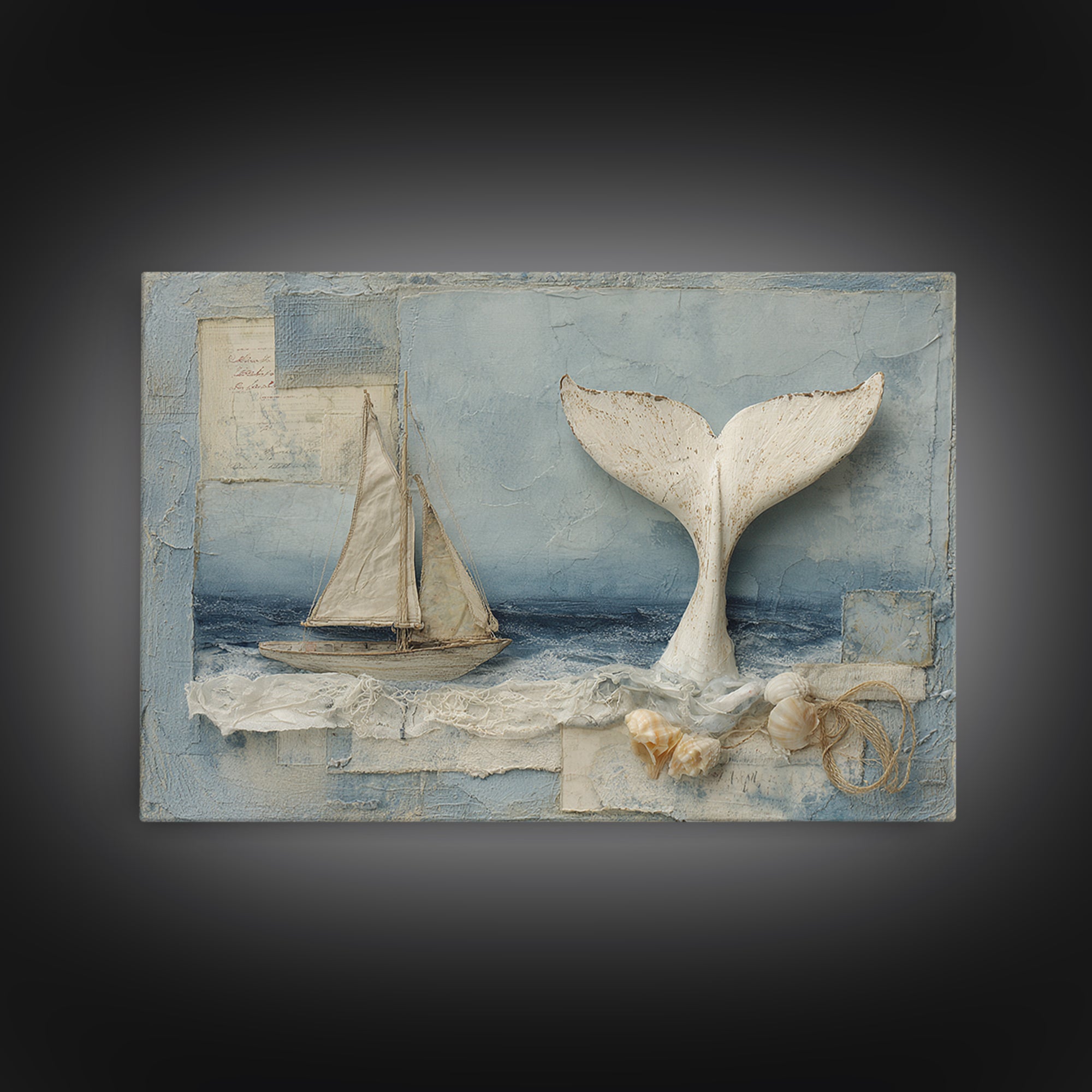Whale Tail Beside Small Sailboat Framed Canvas Print, Nautical Art, Digital Print, Coastal Decor, Fine Art, Harbor, Beach Print, NAU-3x2-14
