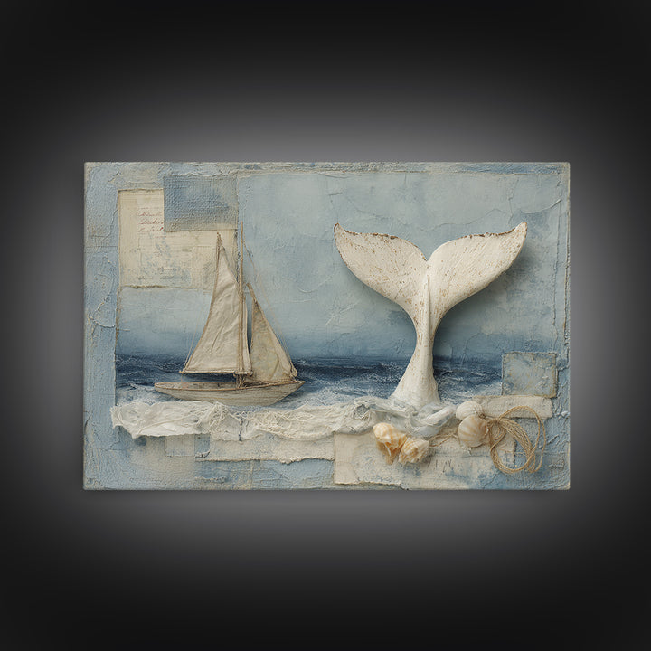 Whale Tail Beside Small Sailboat Framed Canvas Print, Nautical Art, Digital Print, Coastal Decor, Fine Art, Harbor, Beach Print, NAU-3x2-14