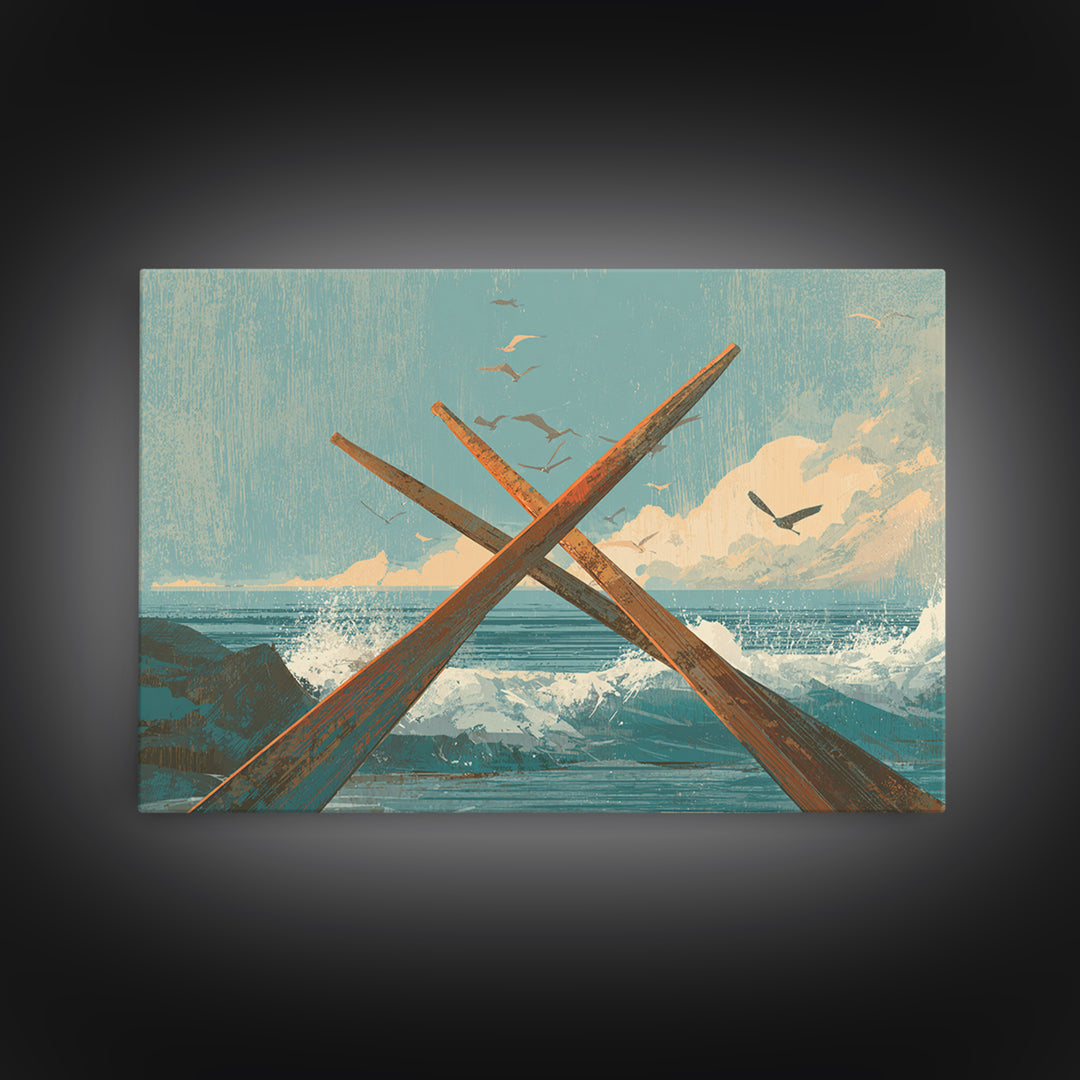 Weathered Oars Crossed Framed Canvas Print, Nautical Art, Coastal Wall Art, Coastal Decor, Fine Art, Harbor, Neutral Decor, NAU-3x2-15