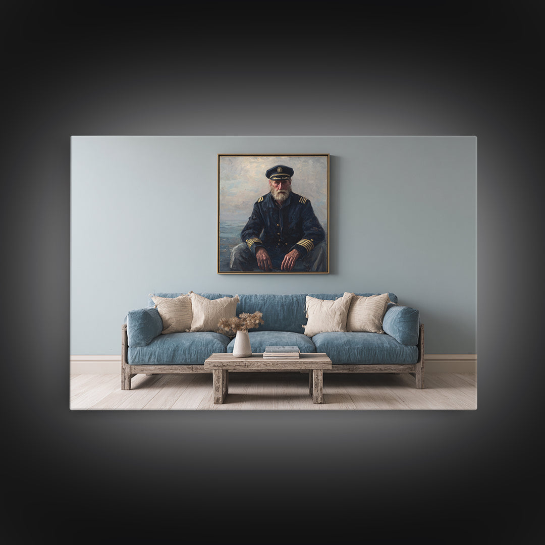 Sea Captain Portrait Framed Canvas Print, Nautical Art, Room Decor, Coastal Decor, Oil Painting, Harbor, Printable, NAU-3x2-35