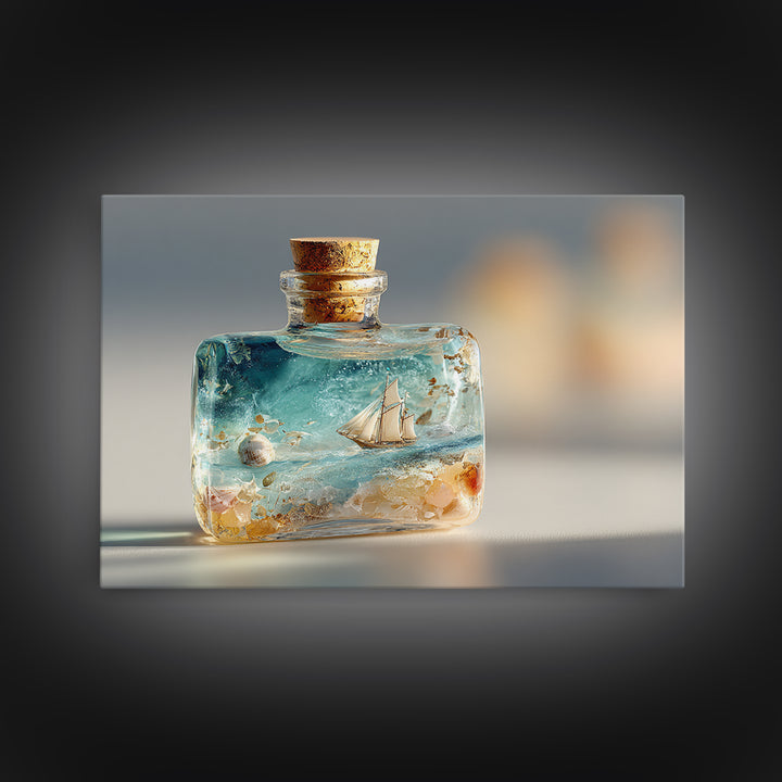 Bottle with Tiny Ship and Ocean Inside Canvas Print, Nautical Art, Minimalist Decor, Coastal Decor, Oil Painting, Harbor, NAU-3x2-68