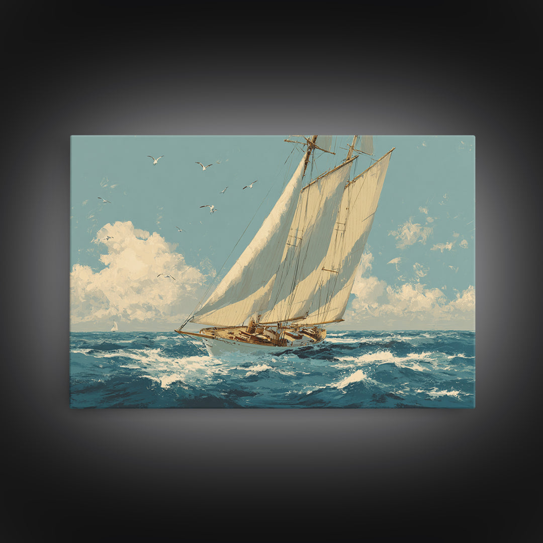 Classic Yacht Racing Through Whitecaps Framed Canvas Print, Nautical Art, Nautical Wall Art, Coastal Decor, Watercolor Art, NAU-3x2-71