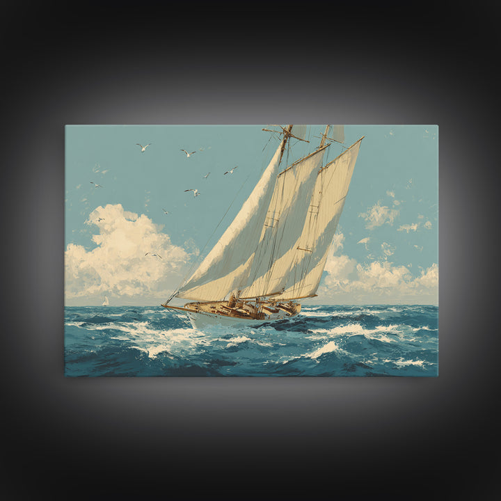 Classic Yacht Racing Through Whitecaps Framed Canvas Print, Nautical Art, Nautical Wall Art, Coastal Decor, Watercolor Art, NAU-3x2-71