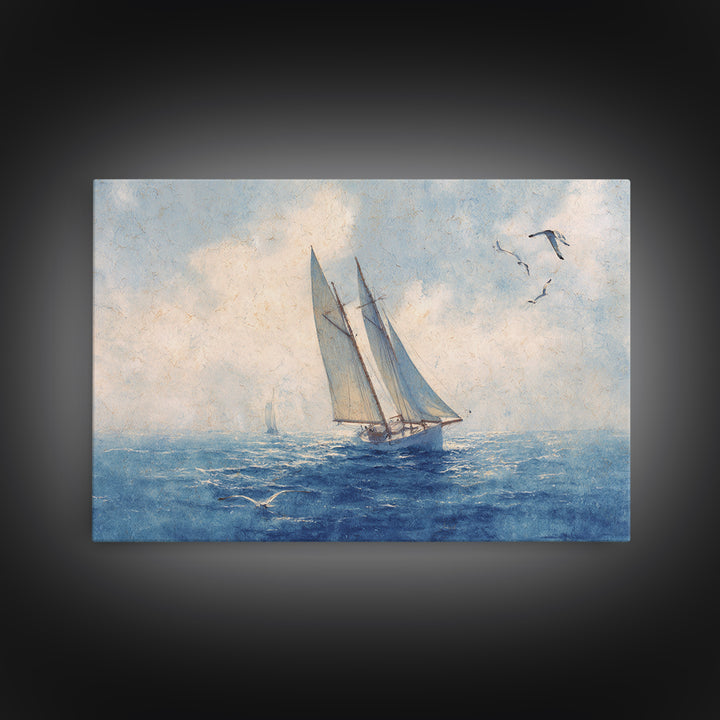 Sailboat Leaning into Wind on Blue Water Framed Canvas Print, Nautical Art, Room Decor, Coastal Decor, Fine Art, Harbor, NAU-3x2-77